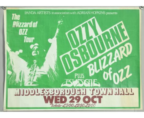 Large promotional tour poster of Ozzy Osbourne's Blizzard of Ozz concert at Middlesbrough Town Hall from 29th October 1980. D