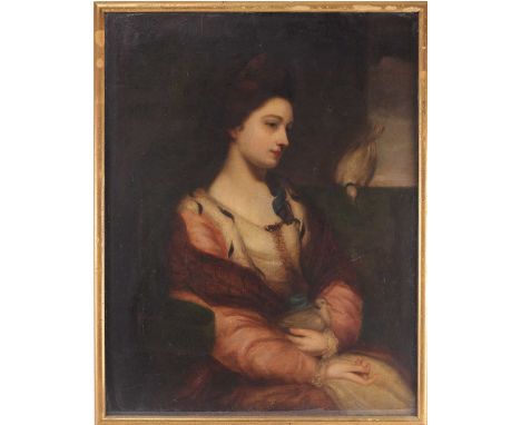 After Sir Joshua Reynolds (1723-1792), a half-length portrait of a lady in pink ermine-trimmed cape, a dove on her lap and an