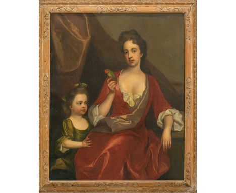 Circle of Sir Godfrey Kneller (1646-1723), portrait of a lady and child with an exotic bird, oil on canvas, 123 cm x 98 cm in