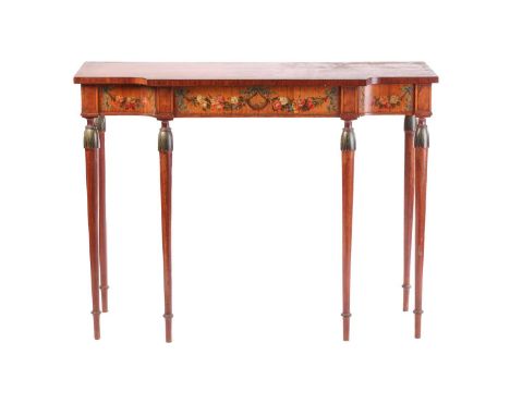 An Edwardian 'Sheraton Revival' breakfront satinwood and painted console table, early 20th century, with satinwood stung and 