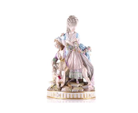 A Meissen figure group 'The Broken Eggs', after the model by M. V. Acier, modelled as a young lady turned away from her seate