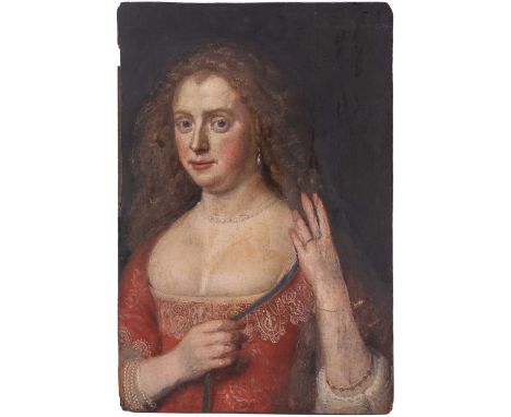 17th-century school, portrait of a woman in a red dress, oil on a panelled oak board (adjoining half missing), indistinct bra