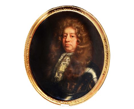 ENGLISH SCHOOL (LATE 17TH CENTURY) Portrait of a gentleman wearing armour and a lace cravat, oil on canvas (oval), 70.5 x 58c