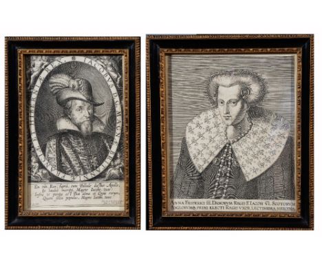 A 17TH CENTURY PORTRAIT ENGRAVING of James I, 17 x 11.5cm; another - 'Anna Friderici III', 17 x 14cm; George Vertue - 'Joanne
