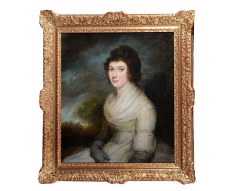 18TH CENTURY ENGLISH SCHOOL Portrait of a young lady with dark curly shoulder length hair wearing an earring, white dress and