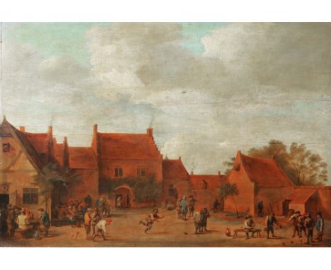 FOLLOWER OF DAVID TENIERS A Dutch forecourt with peasants merry making and playing bowls, oils on panel, 48 x 68cm