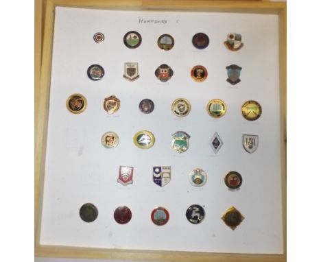 A collection of approximately 160 enamel and acrylic bowling badges including Hampshire, Kent and Middlesex.