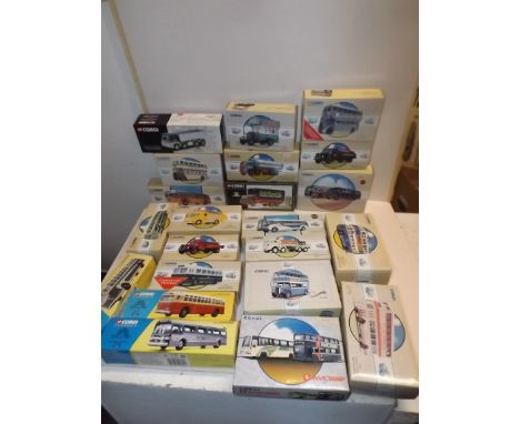 A collection of boxed Corgi Die-cast buses, coaches and commercials.