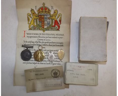 WWI pair to A-254483 A. Cpl. J.W. Sharp A.S.C., together a 9 ct. gold fob monogrammed "J.W.S." and one other item.