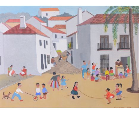 Molly McCann (British, 1913-2005) "Plaza General Franco Marbella" Children Playing in the Street Signed lower right. Oil on P