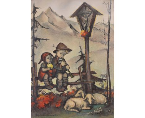 Maria Innocentia (Sister) Hummel (Germany, 1909 - 1946) Pastel &amp; Pencil on Paper. Signed lower left. Scene depicting two 