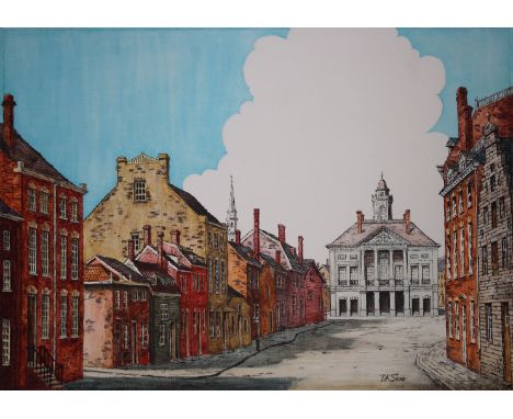 David K. Stone (American, 1922 - 2001) "Federal Hall in New York City circa 1780" Signed lower right. Original Oil painting o