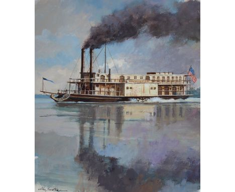 John Swatsley (American, B. 1937) "Steamboat Washington (1816)" Signed lower left. Original Oil painting on Illustration Boar