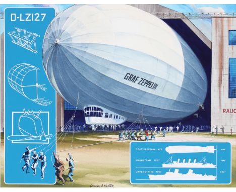 Charles A Knotek (American, 1933 - 2008) "First Airship Flight Around the World" Original Mixed Media painting on Illustratio
