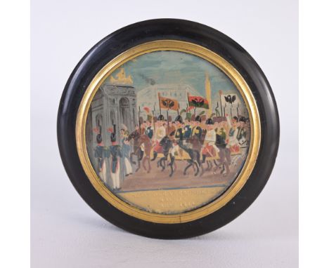Early 19th Century Commemorative Snuff Box, Carved Horn with Oil on Embossed Copper under Glass, Inscribed "Einzug der Verb?n