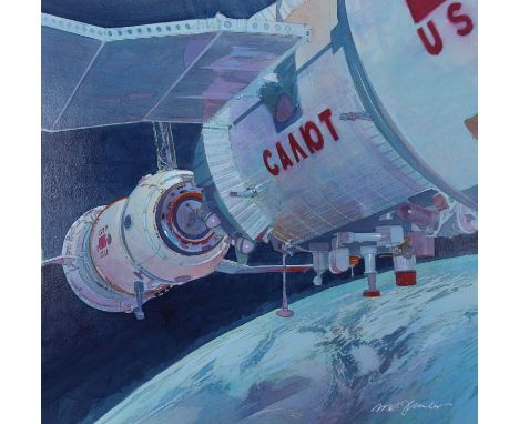 Mark Schuler (American, B. 1951) "First Space Station Crew 1971" Signed lower right. Original Watercolor painting on Illustra