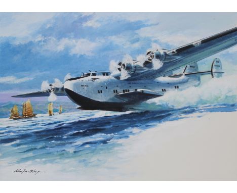 John Swatsley (American, B. 1937) "China Clipper Ship - Seaplane" Signed lower left. Original Oil painting on Illustration Bo