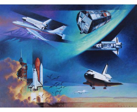 Howard Koslow (American, 1924 - 2016) "Montage of U.S. Space Vehicles" Signed lower right. Acrylic on Illustration Board. Pro