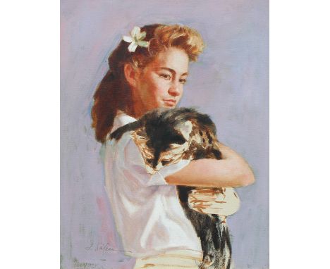 Hodges Soileau (American, B. 1943) "Portrait of a Girl w/ Cat" Oil on Canvas. Signed lower left. Sight Size: 18 x 14 in. Over
