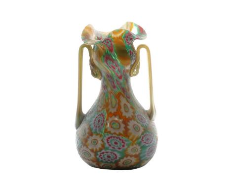 A Murano murrine glass amphora vase, circa 1900, probably by&nbsp;Fratelli Toso, with twin handles either side of the waisted