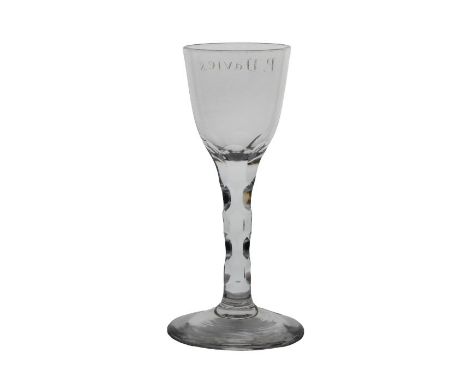 18th century English facet stem wine glass, circa 1770, engraved P. Davies, 14.5cm tall   The Cycle Club which descended from