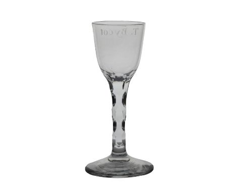 18th century English facet stem wine glass, circa 1770, engraved T. Bycot, 14.5cm tall   The Cycle Club which descended from 