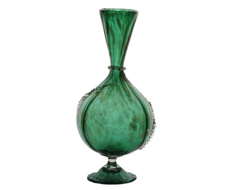 A late 19th Century Murano glass vase, Venetian revival, green glass with dimpled ribs and neck ring, 21cm high