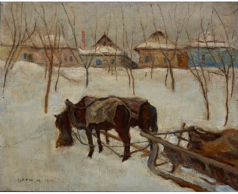 Moricz Goth,&nbsp;Hungarian 1873-1944 -&nbsp;Cart and horse in a winter village landscape;&nbsp;oil on canvas, signed and dat