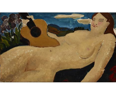 Blair Hughes-Stanton,  British 1902-1981 -   Girl with a Guitar, 1929;   oil on canvas, 41.4 x 65.5 cm (ARR)   Provenance:  t