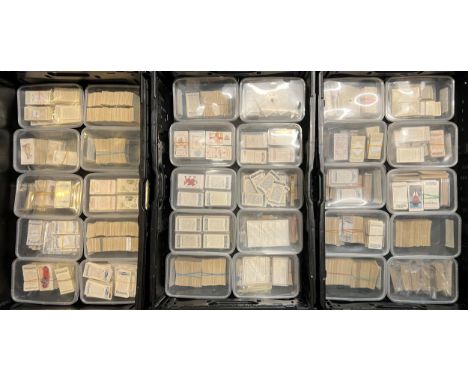 Large Players and Wills cigarette card collection, in 3 large crates, mostly sorted into banded sets or parts sets, some in h