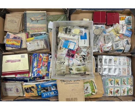 Cigarette and trade cards collection, large accumulation in 5 boxes, with sets and part sets in plastic sleeves, silks, old p
