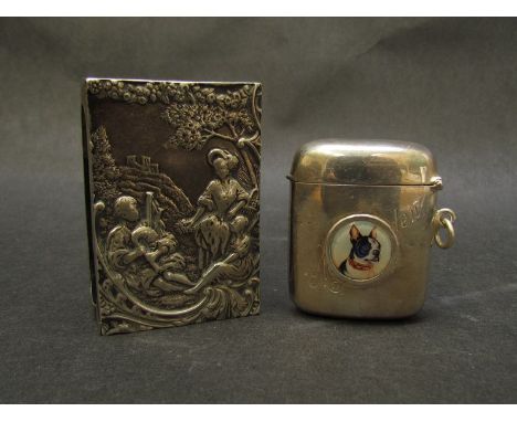 A Victorian silver matchbox holder embossed figurative decoration, London 1897, maker William Comyns, weight 1.41 oz troy, 43