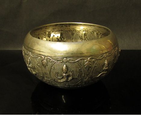 An Italian bowl decorated with deity figures, napkin ring, oval trinket box, two serving spoons and two others 