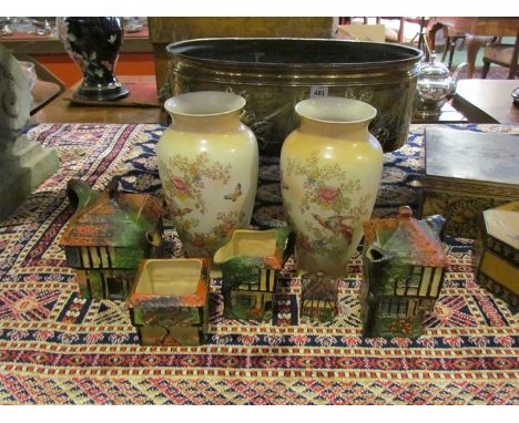 A ceramic Cottage Ware "Ye Olde Inne" five piece tea set and a pair of black ground Regal Ware baluster vases