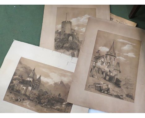 Five late 19th Century mixed media landscapes and a portrait mounted, unframed a/f 