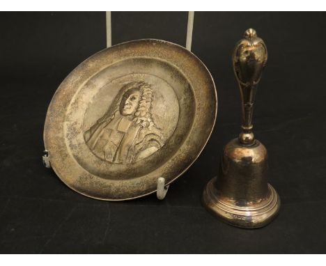 A silver bell and Continental dish with bust of gentleman 