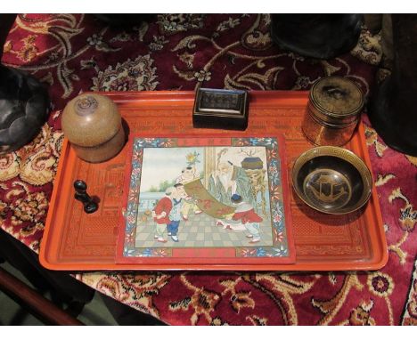 A Burmese lacquered tray, Chinese polychrome lithograph (inscribed) - three lacquered boxes, a bowl and a small LAC figure 