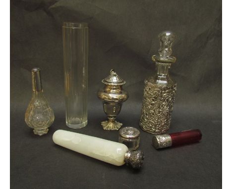 A collection of scent and other silver mounted bottles, jar etc and a white metal pepper pot (7) 