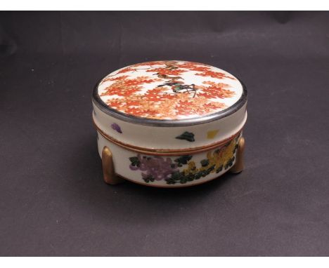 A Japanese Satsuma lidded trinket pot, makers marks to base  and a coin/token, Dunham and Vallop goldsmith, Norwich dated 181