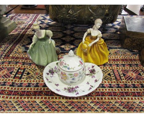 A Royal Doulton lady "Fair Lady" HN2193 and a Coalport figure "Teresa", a Spode dish and a lidded Minton trinket pot