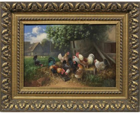   Otto Scheuerer  Otto Scheuerer   (1862 München - 1934 ebenda)  Hühnergruppe mit Hähnen an einem Gehöft  Öl/Malkarton. R. u.