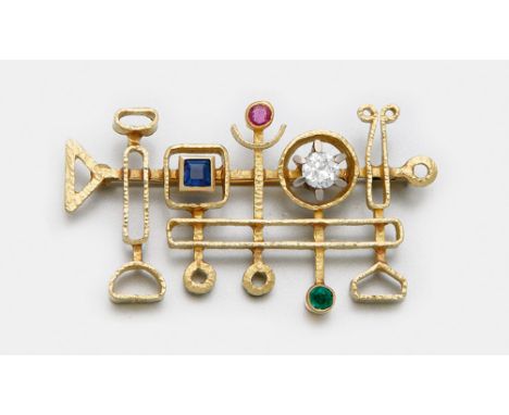   Moderne Brosche aus den 70er Jahren  Moderne Brosche aus den 70er Jahren   Gelbgold, gest. 750. Schauseitig besetzt mit Sap
