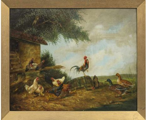   Bogdan Kaudetzky  Bogdan Kaudetzky   (1898  - 1964. War ansässig in München)  Hühner- und Entenschar an einem Bauernhof  Öl