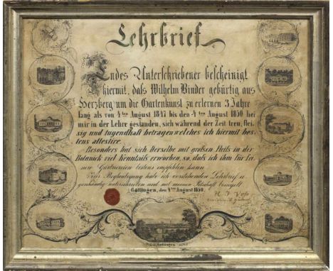   Gärtner-Lehrbrief mit Göttingen-Ansichten von 1850  Gärtner-Lehrbrief mit Göttingen-Ansichten von 1850   Lithographiertes B