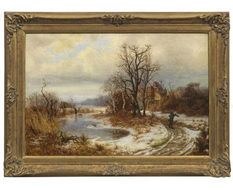   Wouter Janssen  Wouter Janssen   (Geb. 1946. Niederländischer Landschaftsmaler)  Verschneite Winterlandschaft mit Figuren  