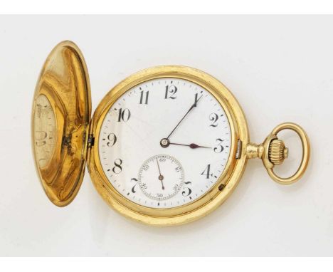   Gold-Savonette-Taschenuhr  Gold-Savonette-Taschenuhr   Um 1910. Gelbgold, gest. 18 ct.; Flaches Dreideckel-Goldgehäuse, wei
