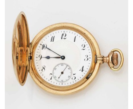   Gold-Savonette-Taschenuhr  Gold-Savonette-Taschenuhr   Um 1910. Gelbgold, gest. 585. Flaches Dreideckel-Goldgehäuse, weißes