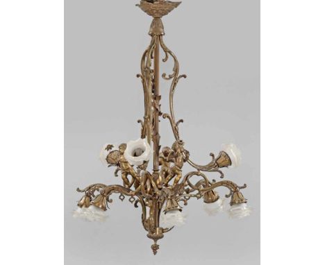   Große Belle Epoque Deckenlampe  Große Belle Epoque Deckenlampe   9-flg.; Messing und satiniertes Glas. Balusterförmiger, du