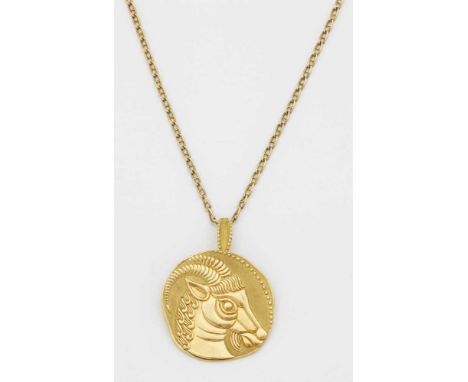   Griechischer Steinbock-Anhänger mit Kette  Griechischer Steinbock-Anhänger mit Kette   Gold, gest. 585 und 18 ct.; Flacher,