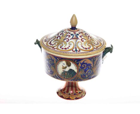 Italian Majolica pedestal bowl and cover decorated with portrait panels and mask handles